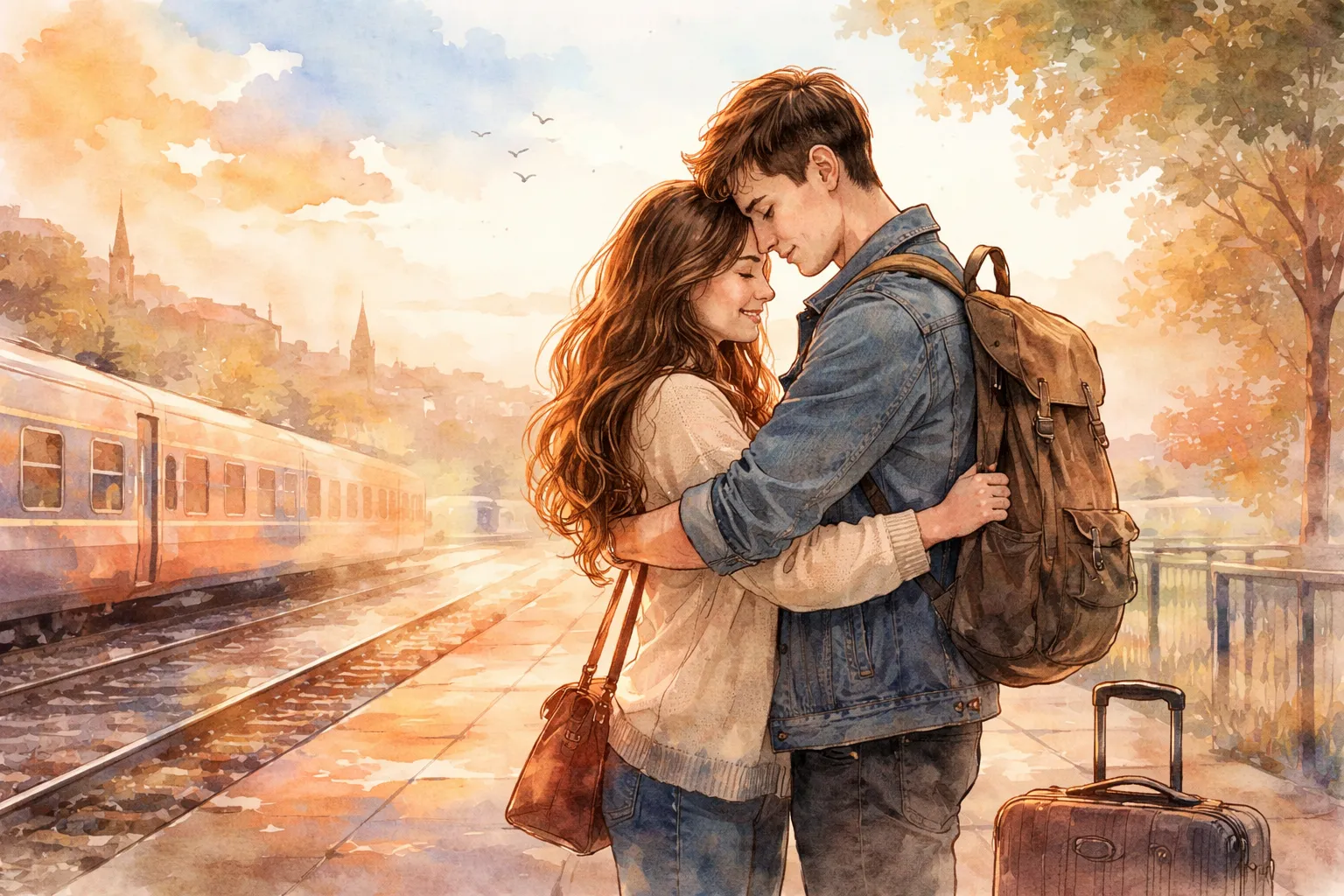 Pareja joven abrazándose en una estación de tren al reencontrarse tras la distancia, ilustración romántica en acuarela.