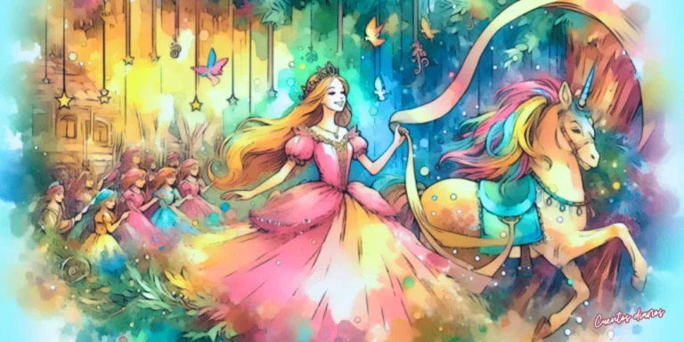 Dibujo de Blancanieves con vestido rosa junto a un unicornio mágico en un bosque encantado lleno de luces y personajes de cuento clásico.