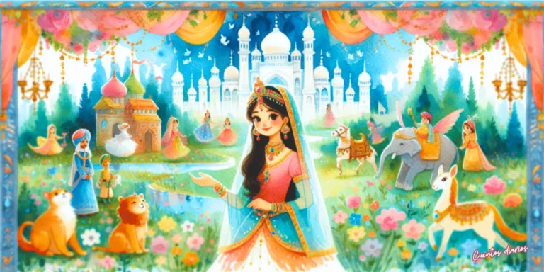 Cenicienta como princesa en un jardín mágico con palacio oriental, animales y personajes de cuento en ilustración acuarela.