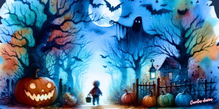 Dibujo en acualera de un niño caminando en bosque oscuro con calabazas de Halloween, casa embrujada y fantasma bajo la luna llena en un cuento de terror para adolescentes.