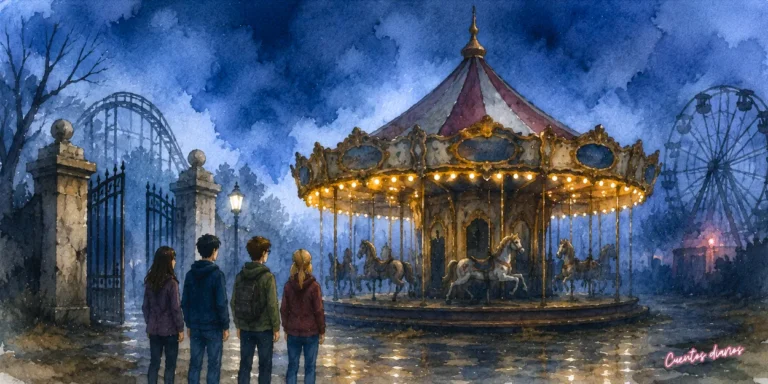 Dibujo en acuarela de un carrusel antiguo iluminado en un parque de atracciones abandonado durante la noche, escenario de un cuento de miedo para adolescentes.