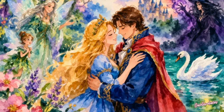Princesa y caballero junto a un lago mágico con castillo al fondo en ilustración de El príncipe feliz con brillo de hechizo y amor verdadero.
