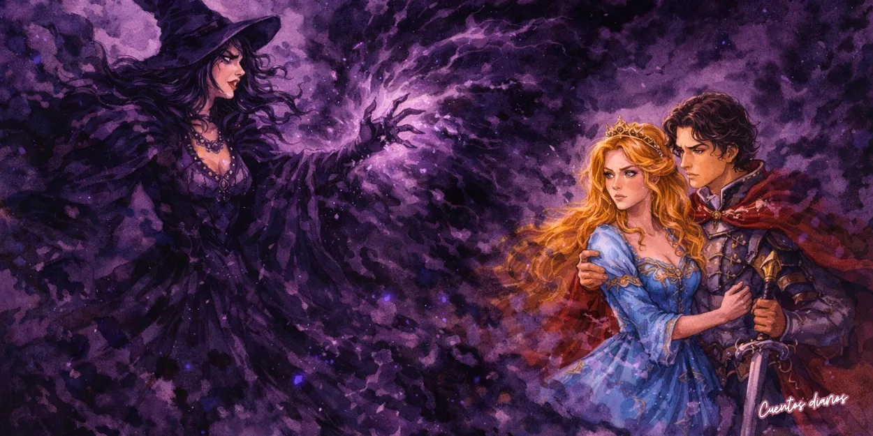 Bruja Morgana lanzando magia oscura contra princesa y caballero en escena de batalla mágica en bosque encantado.