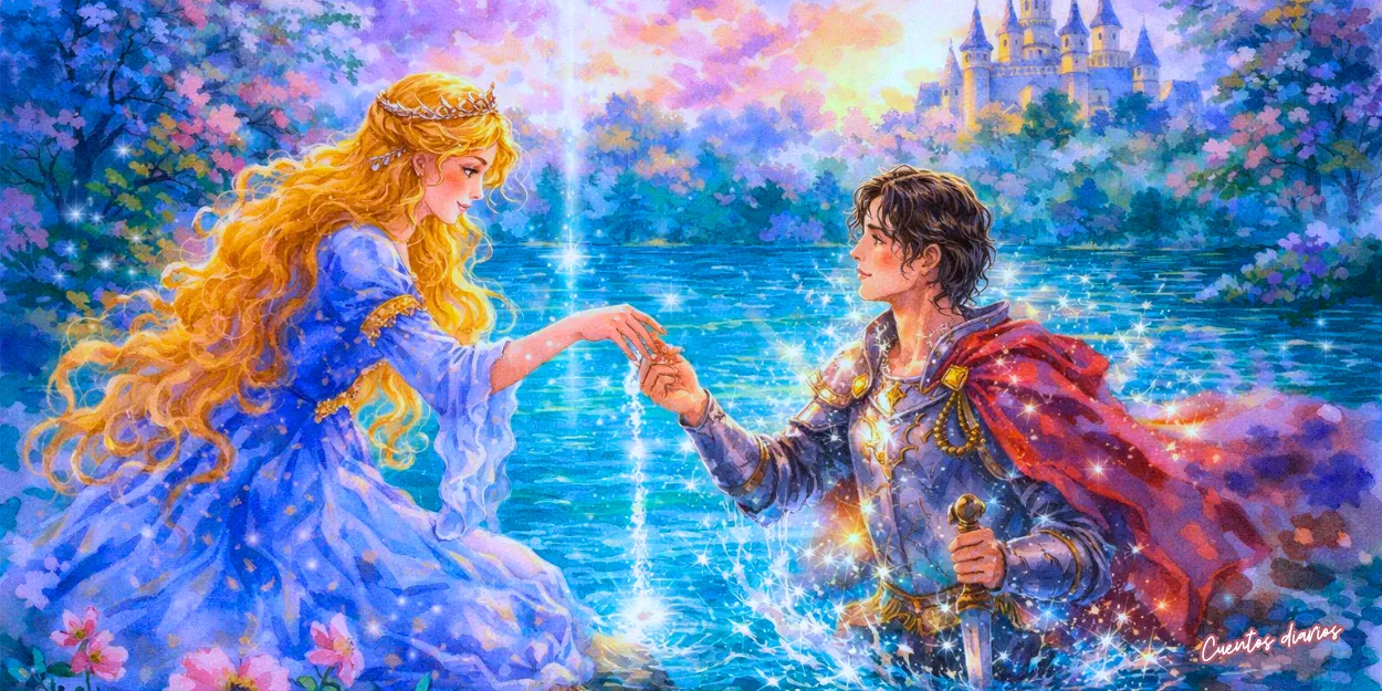 Princesa y príncipe abrazándose tras romper hechizo con magia de amor junto a lago con cisne y hadas en cuento El príncipe feliz.