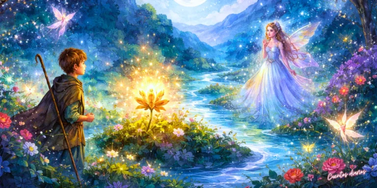 Ilustración en acuarela de un niño pastor descubriendo una flor dorada mágica bajo la luna llena en el valle de las hadas, rodeado de flores brillantes y seres mágicos.