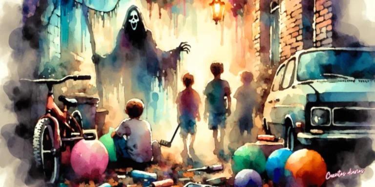 Ilustración de niños enfrentando una sombra misteriosa en una calle oscura, escena de cuento de miedo juvenil inspirada en el misterio del viejo faro y el temor a lo desconocido.