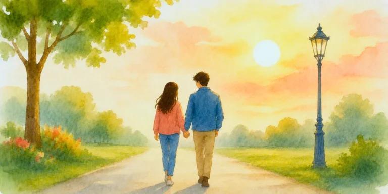 Ilustración de Encontrando el amor verdadero con Sofía y Juan caminando de la mano por un parque al atardecer, simbolizando el amor verdadero, la confianza y el compromiso.