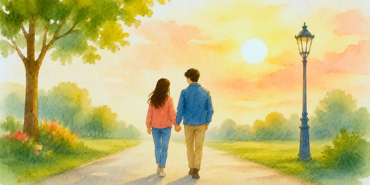 Ilustración de Encontrando el amor verdadero con Sofía y Juan caminando de la mano por un parque al atardecer, simbolizando el amor verdadero, la confianza y el compromiso.