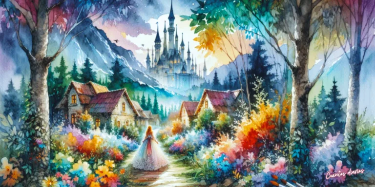Princesa de La Bella Durmiente caminando por un sendero floral hacia un castillo mágico rodeado de montañas y bosque en ilustración acuarela.