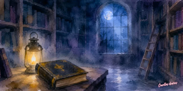 Dibujo en acuarela de una biblioteca abandonada de noche con un antiguo libro sobre una mesa, una lámpara encendida y la luna iluminando la estancia, ilustración de un cuento de terror para adolescentes.