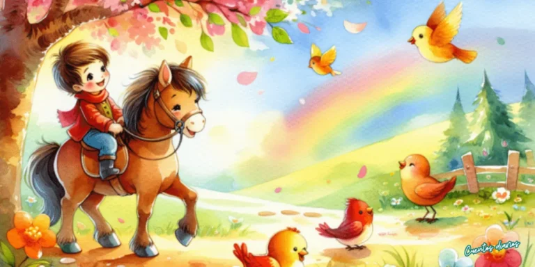 Dibujo en acuarela de niño montando un caballo en paisaje primaveral con flores, pájaros y arcoíris, ideal para cuento infantil de primavera.