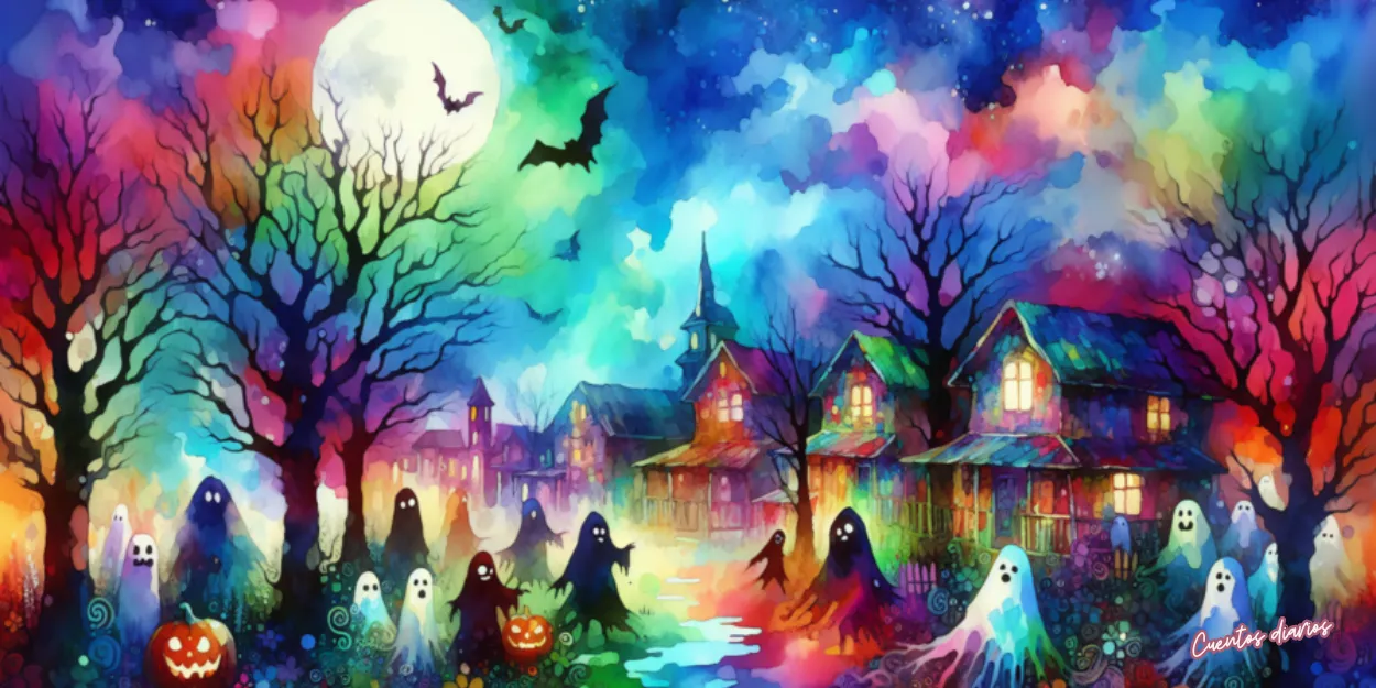 Isla envuelta en niebla con fantasmas, casas abandonadas y una luna llena, ilustración de un cuento de terror para adolescentes sobre una isla maldita.