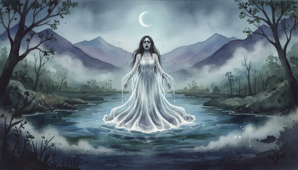 Mujer fantasmal de La Llorona emergiendo del río en la noche con niebla y montañas al fondo, leyenda mexicana de terror.