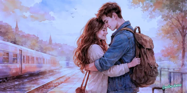 Dibujo en acuarela de una pareja joven abrazándose en una estación de tren al reencontrarse tras la distancia, ilustración romántica en acuarela.