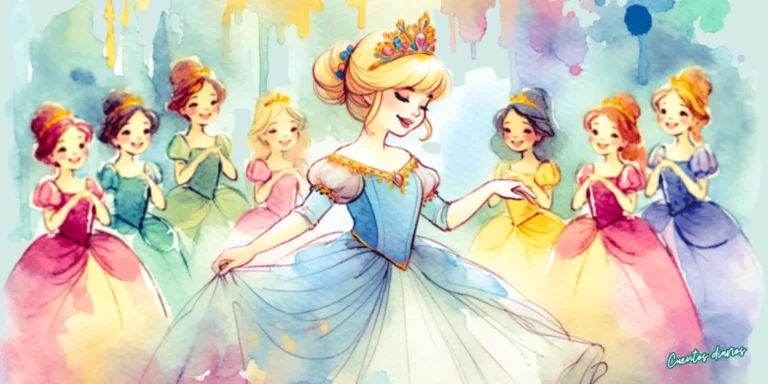 Princesa Pulgarcita bailando con vestido azul rodeada de otras princesas en un ambiente mágico de cuento infantil.