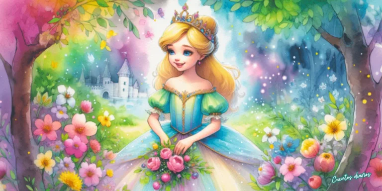 rincesa Rapunzel con cabello largo rubio sosteniendo flores en un bosque mágico con castillo al fondo ilustración en acuarela.