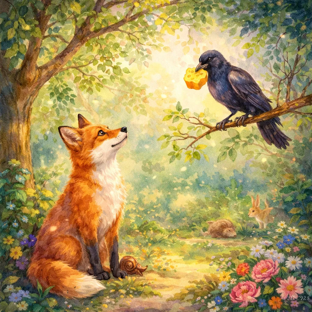 Zorro observando a un cuervo con queso en un bosque luminoso ilustración acuarela fábula clásica.