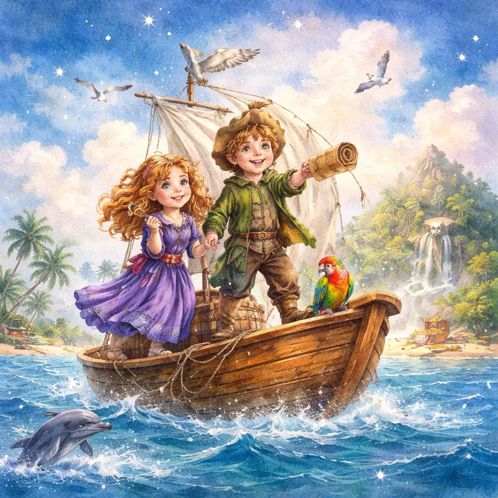 Niños aventureros en barco rumbo a isla del tesoro con mapa y mar ilustración acuarela cuentos de viajes.
