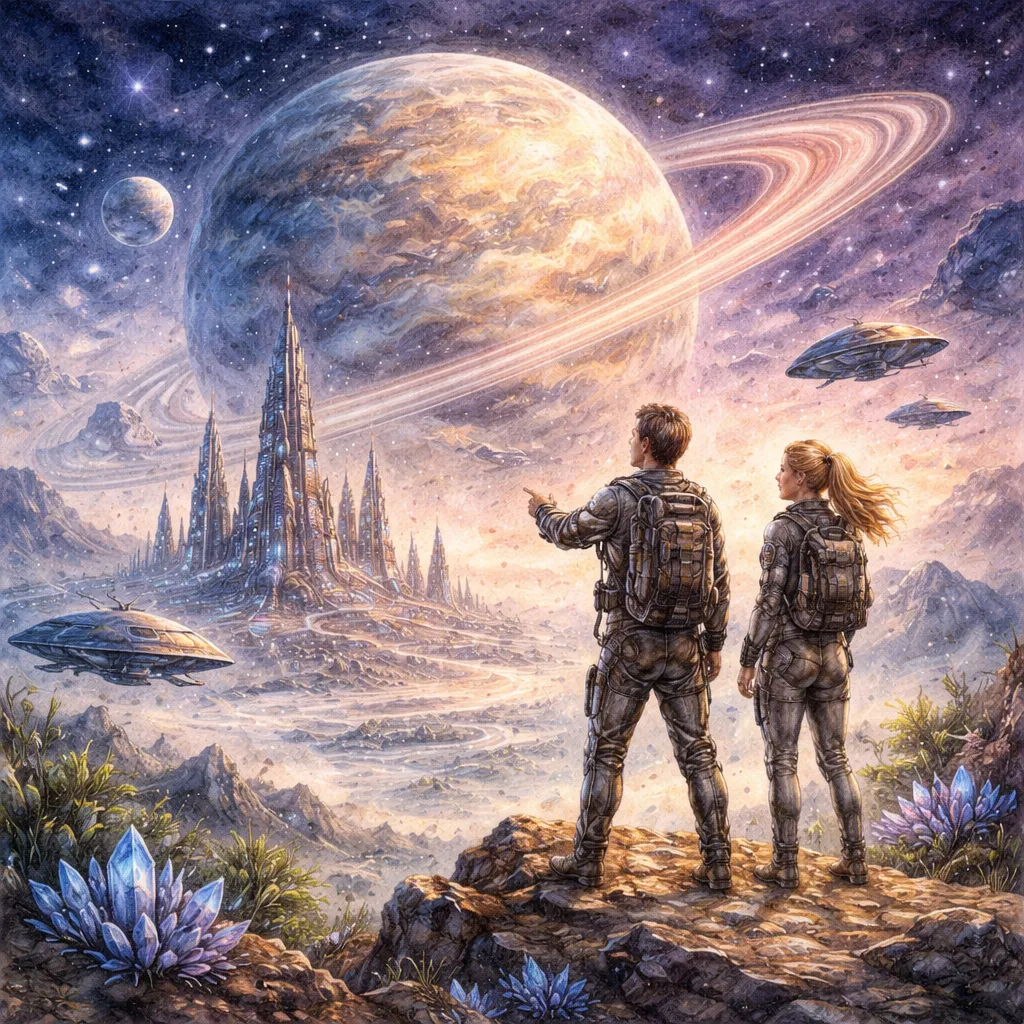 Exploradores en planeta futurista con nave espacial y ciudad alienígena ilustración acuarela ciencia ficción.
