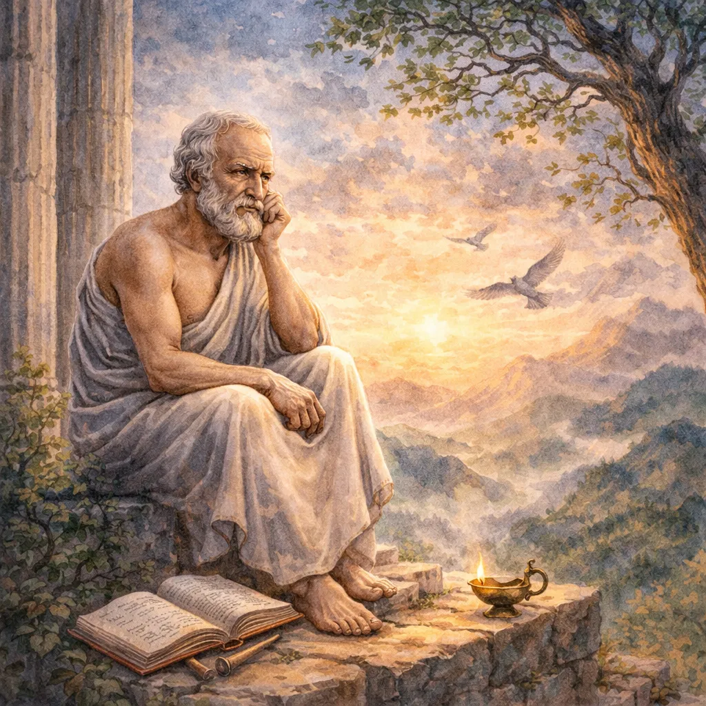 Filósofo contemplando paisaje al amanecer junto a árbol y libros ilustración acuarela reflexión profunda.