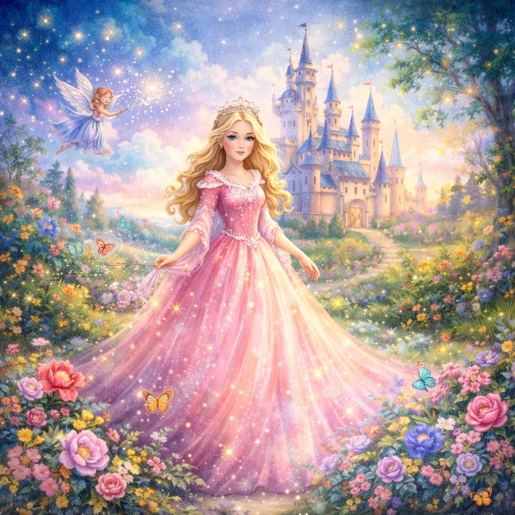 Princesa de cuento de hadas con vestido rosa brillante en jardín mágico frente a un castillo encantado y un hada volando.