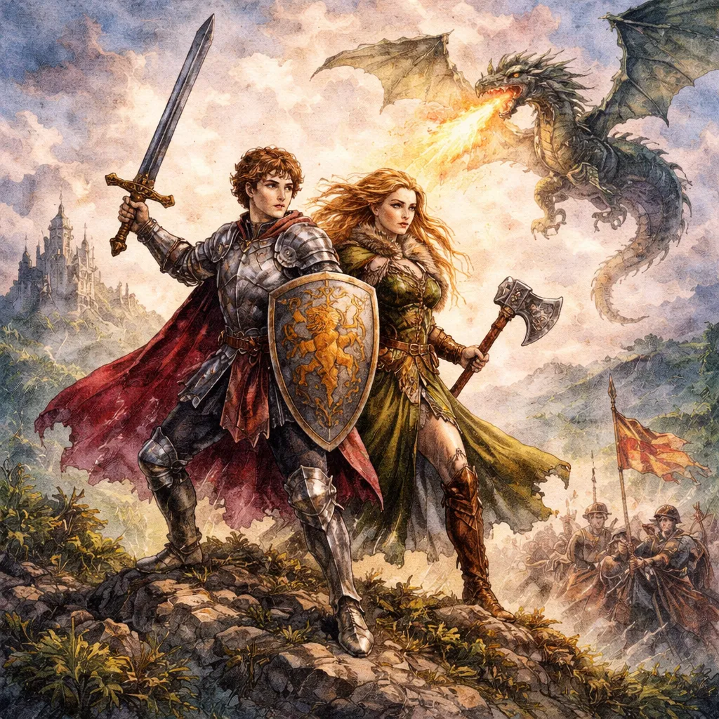 Caballeros heroicos con armadura frente a dragón y castillo ilustración acuarela leyendas épicas.