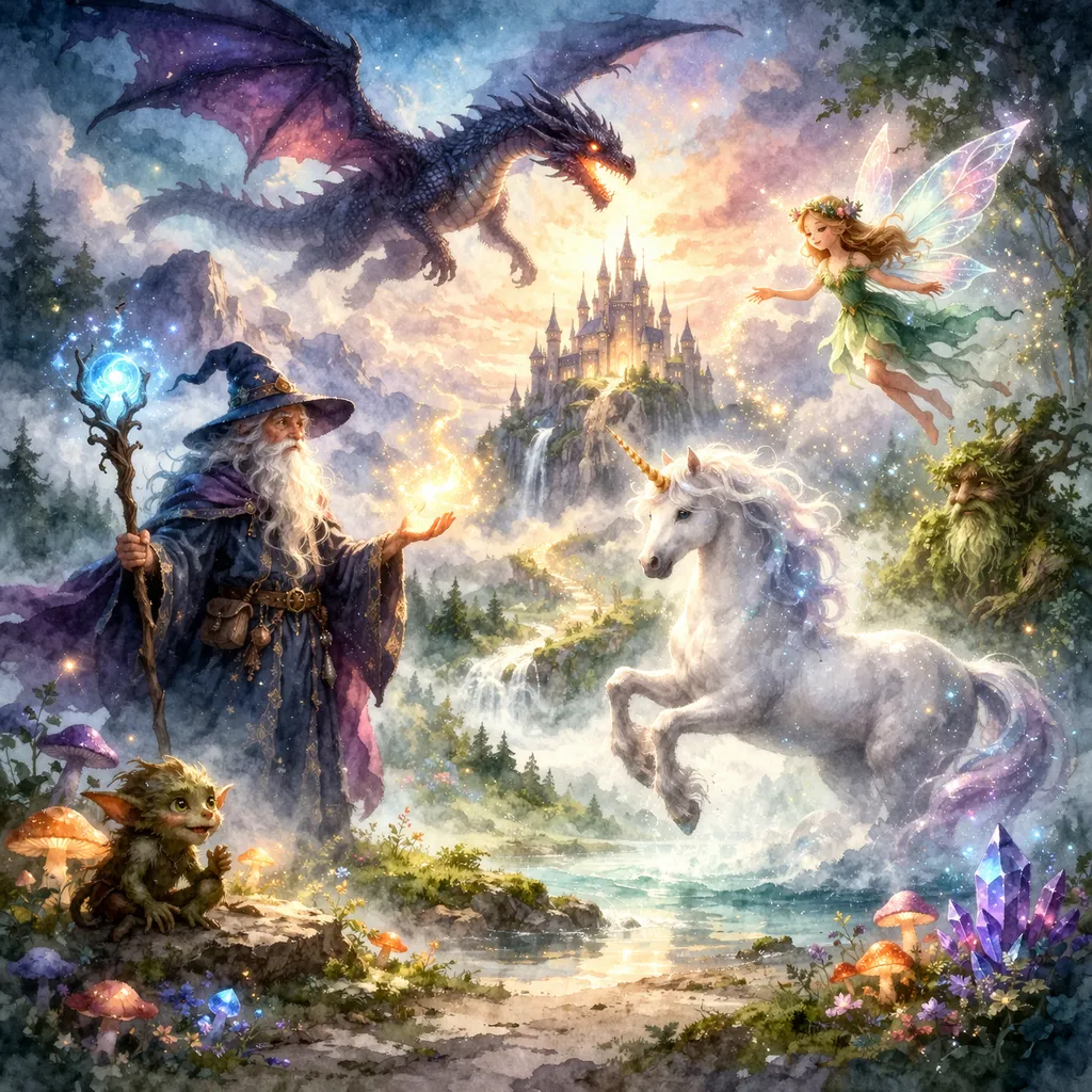 Mago, dragón, unicornio y hada en paisaje mágico con castillo ilustración acuarela seres fantásticos.