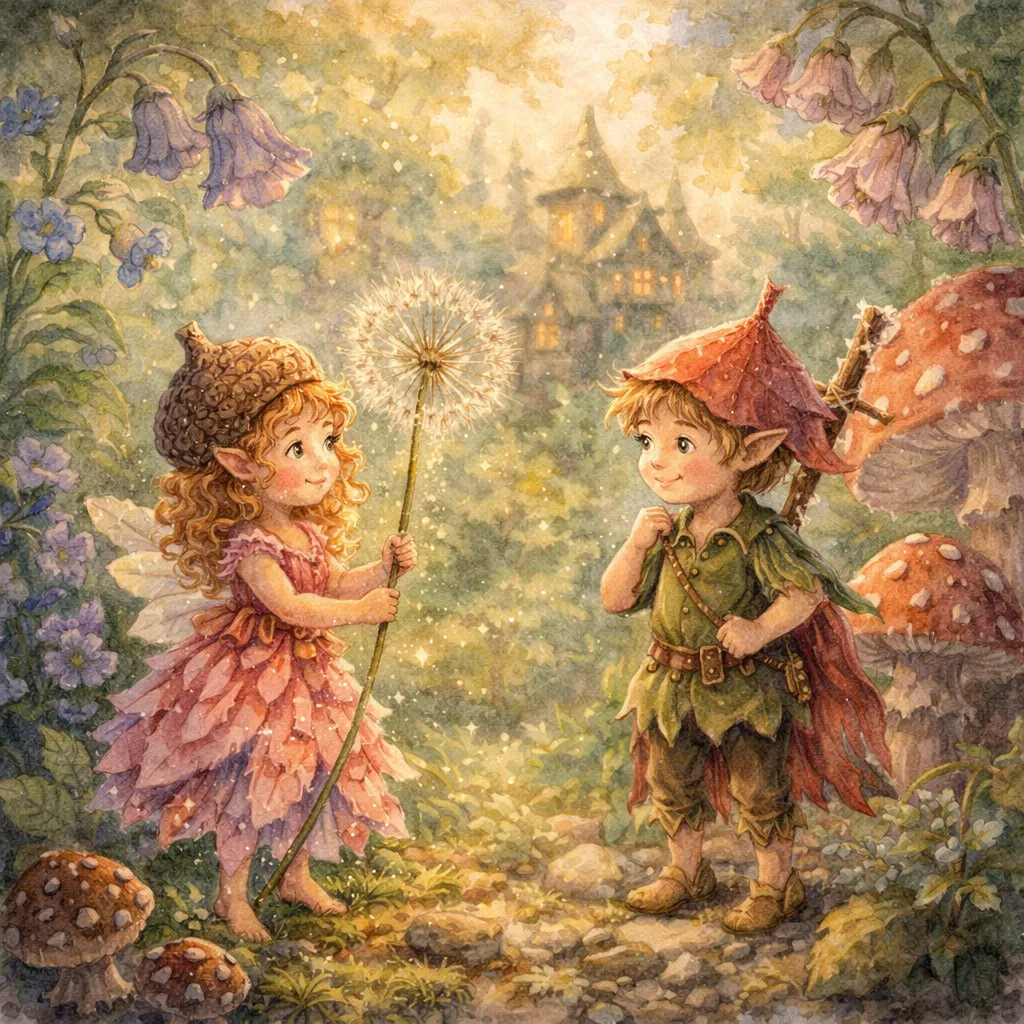 Pequeños duendes en bosque mágico entre flores y hongos ilustración acuarela personajes diminutos.