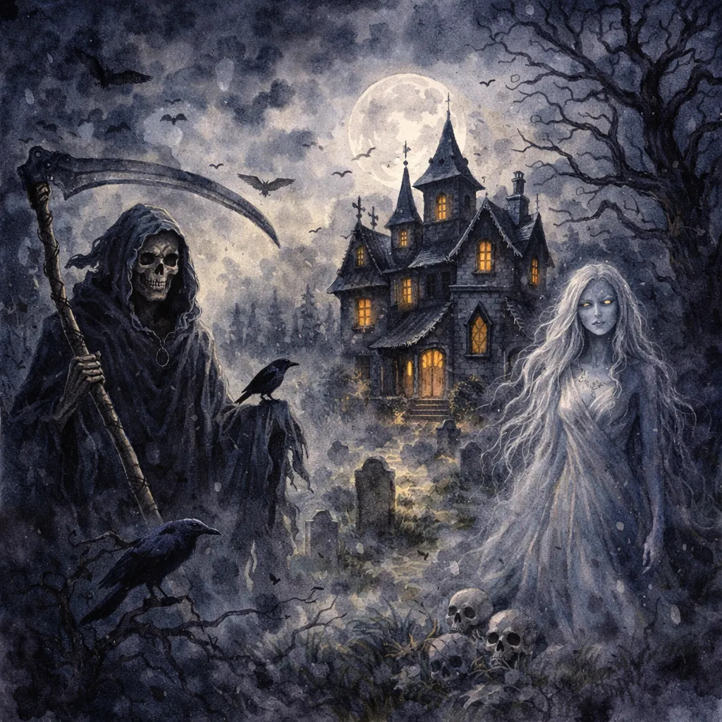 Escena oscura con figura fantasma y casa abandonada en bosque nocturno ilustración acuarela de terror.