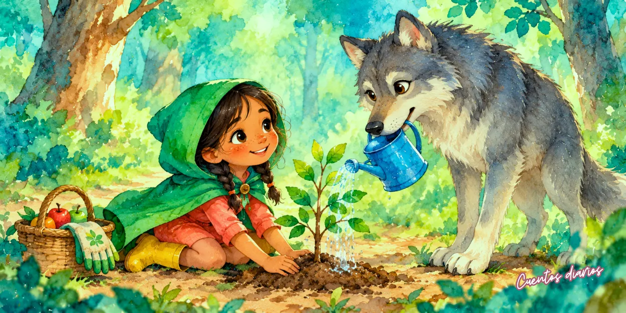 Caperucita Verde y el lobo plantan y riegan un árbol para cuidar el bosque y proteger la naturaleza.
