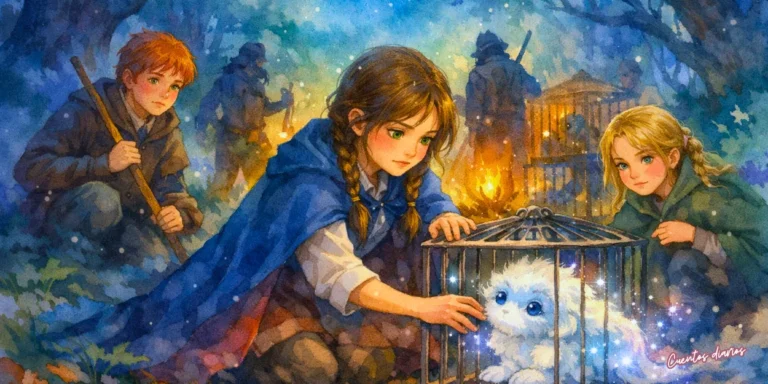 Niña con trenzas libera a una criatura luminosa llamada Nebulosa de una jaula en un bosque mágico junto a sus amigos, ilustración en acuarela para "La alumna que escuchaba la magia".