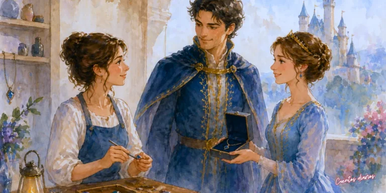 Ilustración en acuarela de una joyera trabajando mientras un príncipe y una princesa observan un collar en un taller medieval.