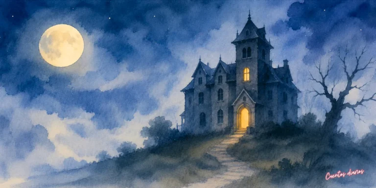 Dibujo de una antigua mansión encantada bajo la luna llena, escenario principal del cuento de terror La Mansión del Misterio, donde tres amigos se enfrentan a secretos sobrenaturales y pruebas de valor.