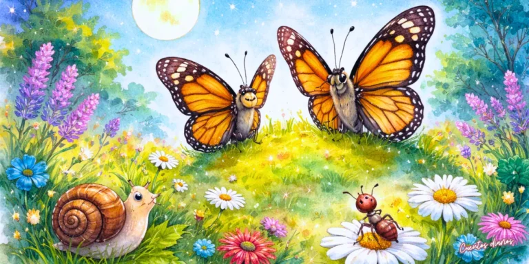 Dibujo en acuarela de mariposas monarca volando sobre un prado con flores, acompañadas por un caracol y una hormiga bajo la luz de la luna, cuento infantil de amistad.