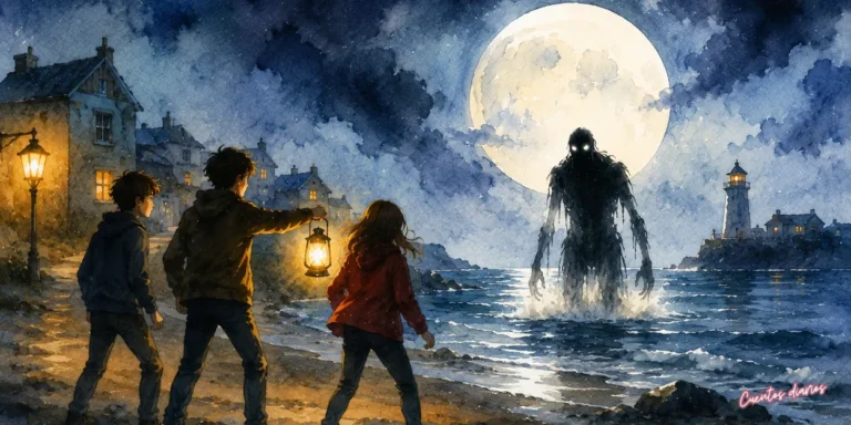 Tres adolescentes se enfrentan a la Sombra de la Luna en una playa durante una noche de luna llena, en un cuento de terror y suspense ambientado en un pueblo costero.