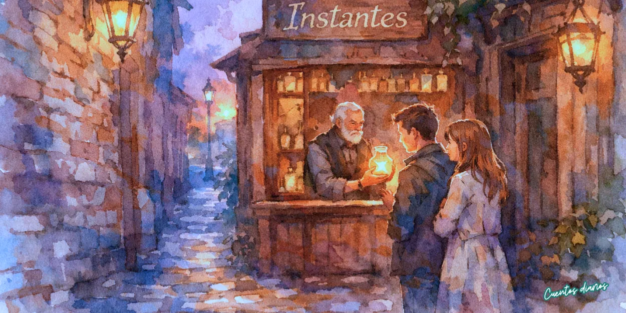 Dibujo en acuarelas de una tienda mágica de instantes en un callejón con frascos de recuerdos y una pareja frente a un tendero.