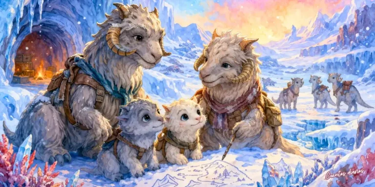 Dibujo en acuarela de una familia de tauntaun con crías aprendiendo a sobrevivir en la nieve en paisaje helado con cuevas de hielo y montañas nevadas.