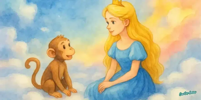 Dibujo en acuarela de una princesa rubia con corona azul sentada entre nubes, frente a un simpático mono marrón, en un cielo mágico de tonos pastel.