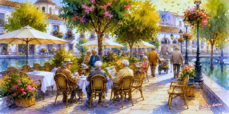 Personas mayores compartiendo conversación y música junto a una radio antigua en una cafetería al aire libre, inspirado en un cuento sobre recuerdos, amistad y nuevas ilusiones