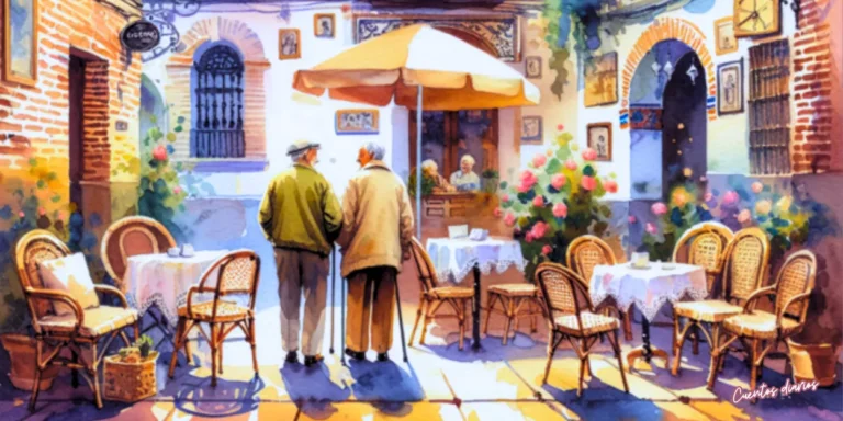 Pareja de personas mayores conversando en una cafetería tranquila con mesas al aire libre y ambiente acogedor inspirado en un cuento sobre amistad y compañía en la vejez.