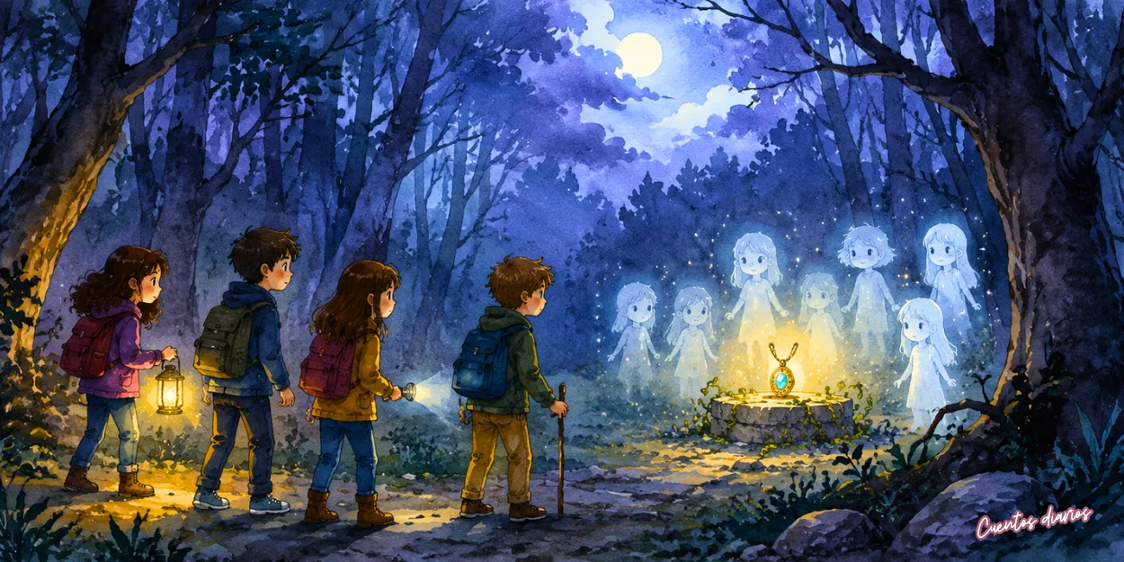 Grupo de niños explorando un bosque oscuro iluminado por un amuleto mágico y espíritus brillantes, inspirado en un cuento infantil de terror y valentía.