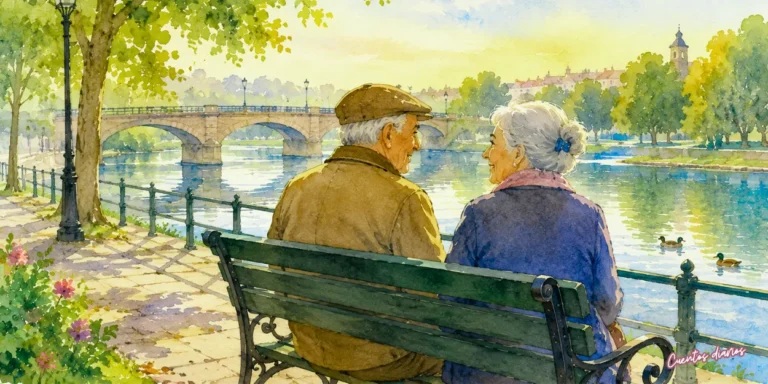 Dibujo en acuarela de una pareja de personas mayores sentadas en un banco junto al río durante un paseo matutino, conversando bajo árboles verdes y un puente de piedra al fondo.