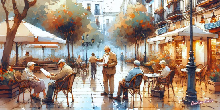 Dibujo en acuarela de personas mayores conversando en una plaza luminosa mientras un hombre sostiene una libreta en una cafetería al aire libre, inspirado en un cuento sobre sueños pendientes y nuevas oportunidades.