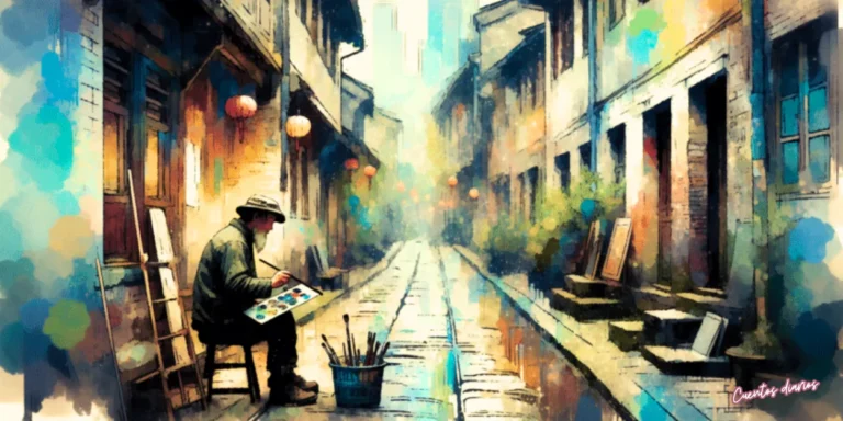 Dibujo en acuarelas de un pintor solitario trabajando en un callejón antiguo bajo la lluvia, inspirado en un cuento sobre creatividad, inspiración y redescubrimiento personal.