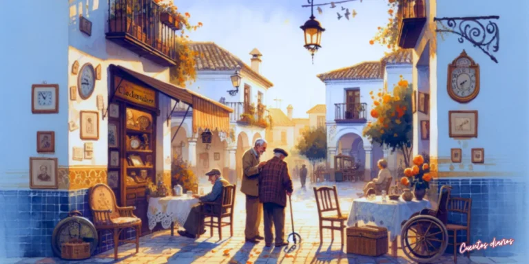 Relojero jubilado conversando en una plaza tradicional junto a una antigua relojería y vecinos mayores, inspirado en un cuento sobre segundas oportunidades y amistad en la jubilación.