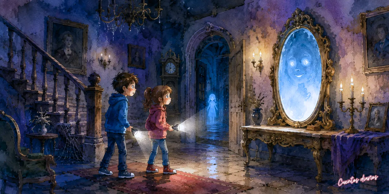 Dos niños explorando una casa encantada frente a un espejo mágico que muestra un espíritu luminoso, inspirado en un cuento infantil de misterio y valentía.