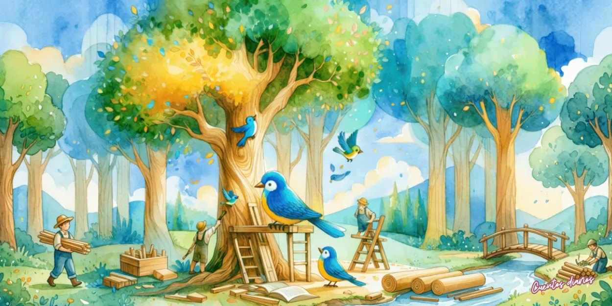 Dibujo en acuarela de un pájaro carpintero azul junto al Árbol Dorado en un bosque encantado mientras varios animales construyen y observan el misterioso árbol brillante.