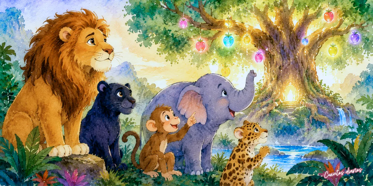 Dibujo en acuarela de un León sabio junto a una pantera, un elefante y un mono observando el Árbol del Conocimiento iluminado con frutos mágicos en una selva encantada.
