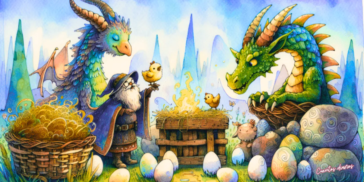 Pollito amarillo junto a un sabio mago y dos dragones guardianes rodeados de huevos mágicos y tesoros en una granja encantada.