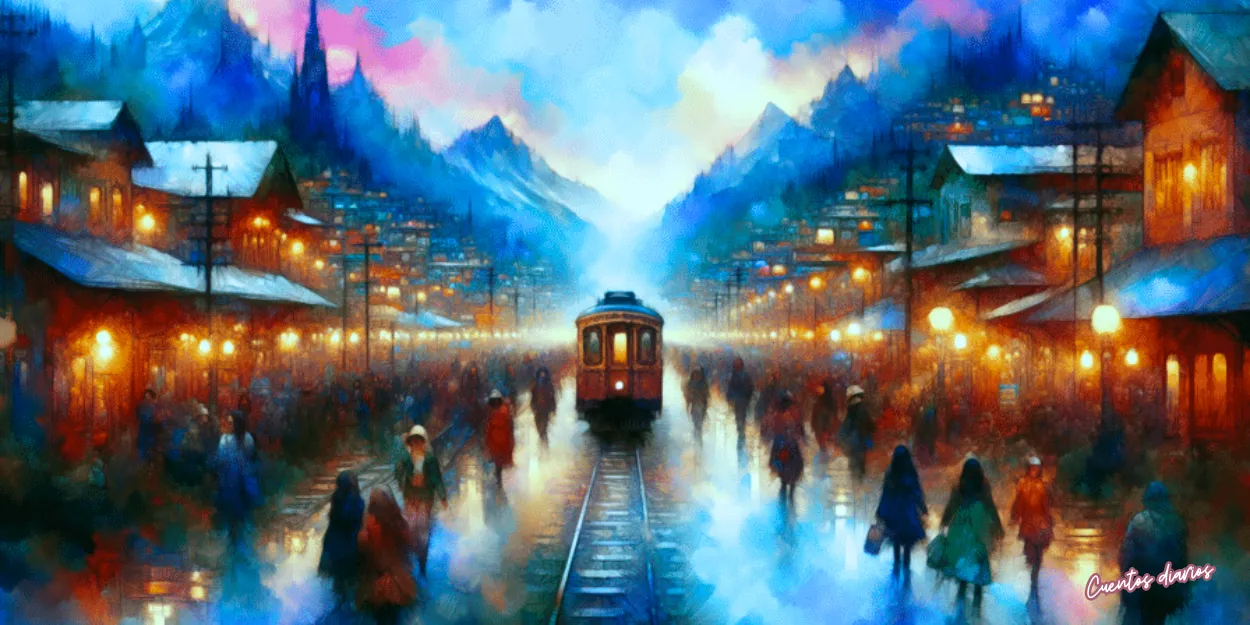 Tren atravesando una ciudad iluminada al anochecer mientras viajeros caminan bajo la lluvia, inspirado en un cuento romántico sobre destino y segundas oportunidades.